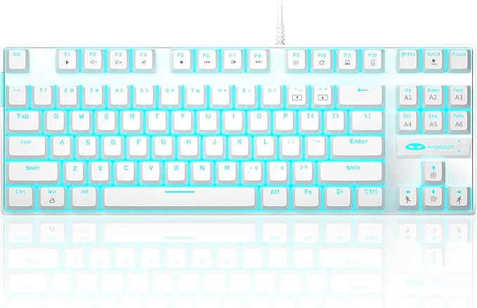 MageGee Mechanical Gaming Keyboard with Blue Switch, Compact 87 Keys Wired Computer Keyboard for Windows Laptop PC Gamer, LED Ice Blue Backlit, White
