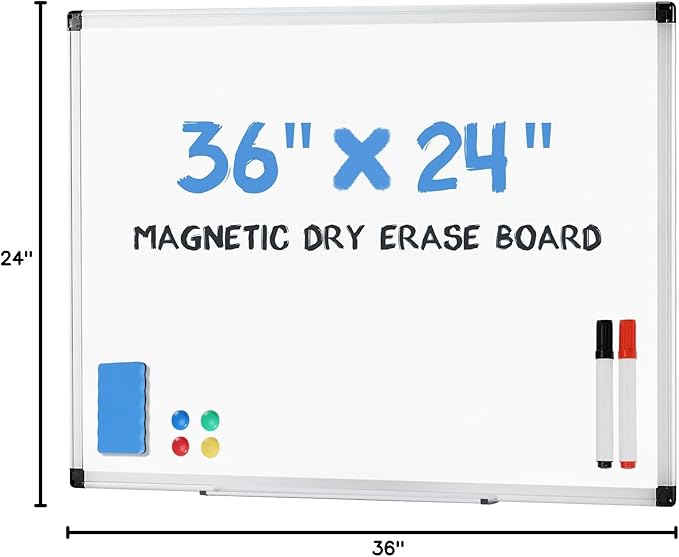 DUMOS Magnetic White Board Kit for Wall 36" x 24", Dry Erase Board with 1 Dry Eraser & 2 Multicolor Markers & 4 Magnetic Pins, Reinforced Aluminum Frame for Home, School, Office