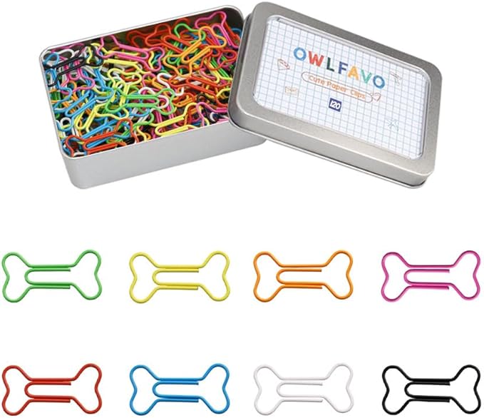 OWLFAVO 120pcs Dog Bone Shape Paper Clips with Storage Box, 8 Colors, Funny Cute Paperclips Bookmarks Planner Clips for Fun Office Supplies College Gifts Wedding Decoration