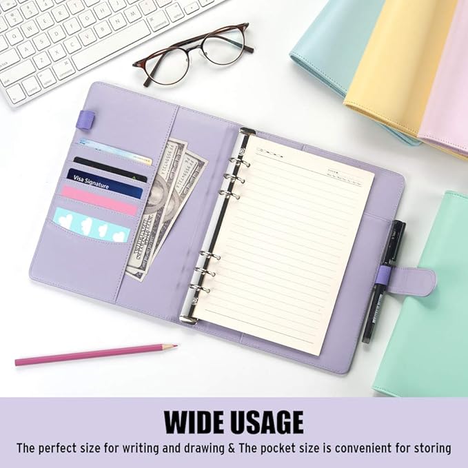 Sooez A5 Notebook Photocard Binder, 6 Ring Planner, Stylish Loose Leaf Personal Organizer Cover with Magnetic Buckle, PU Leather Binder Women with Soft Colors (Yellow)