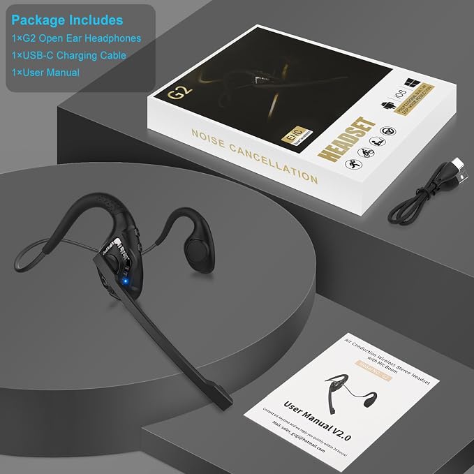 iDIGMALL Bluetooth Headset with Mic, Open Ear Headphones with Microphone | Noise Cancelling Wireless Headset for Phone PC Computer Work Home Meeting Driving, Multipoint, Lightweight & Comfortable, 10H