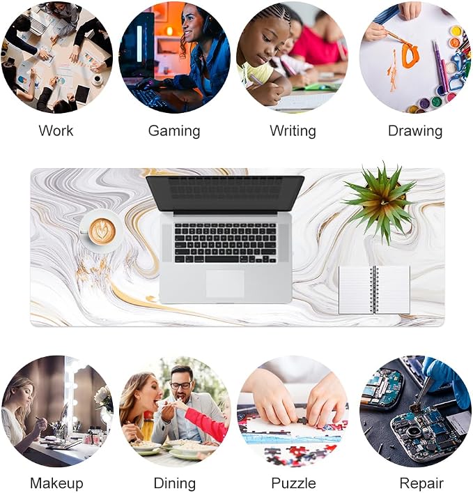 QiyI PU Leather Large Mouse Pad, 31.5" x 11.8", Gold Grey Striped | Desk Décor Accessories, Extended Size, Waterproof & Easy to Clean, Smooth Surface, Non Slip Desk Organization