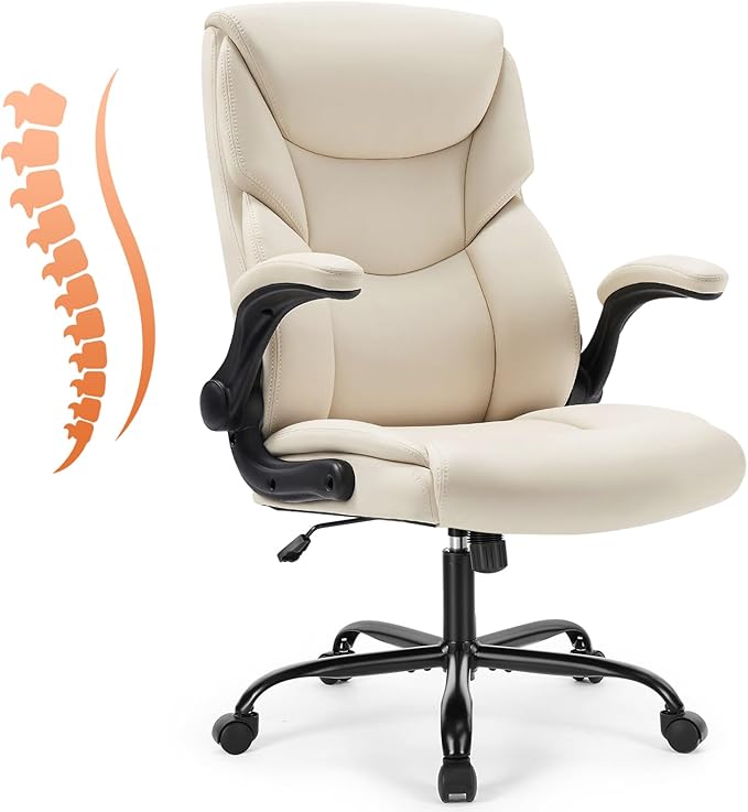 Sweetcrispy Ergonomic Computer Gaming Office Chair Set of 2, Heavy Duty Task Desk Swivel Rolling Chairs with Wheels, Flip-up Arms, Adjustable Height, PU Leather,Cream White
