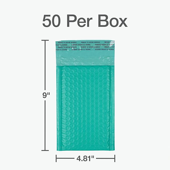 Quality Park Bubble Mailers, 4 x 8 Shipping Envelopes, Self-Seal, Small Teal Padded Envelopes, Redi-Strip Peel Off Closure, 50 Per Box (QUA85915)