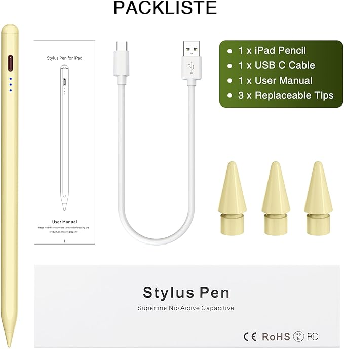 Stylus Pen for iPad 2018-2025, 15 Mins Fast Charging Pencil 1st Gen with Tilt & Palm Rejection Digital Pens Stylus Pens for iPad 6-11, Air 3/4/5/M2/M3, Mini 5/6/7, Pro 11"/12.9"/M4 M5 (Yellow)