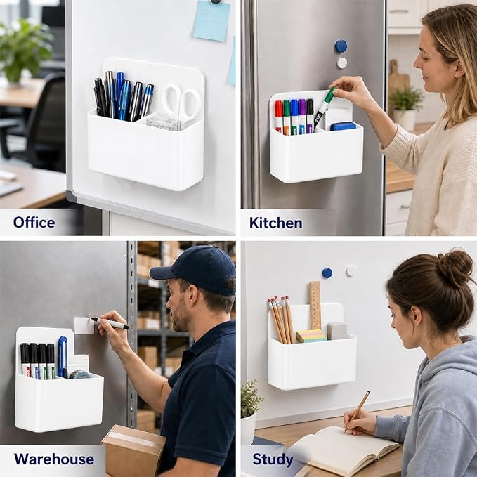 Magnetic Pencil Pen Holder, 2 PCS Dry Erase Marker Holder for Whiteboard, White Magnet Storage Pencil Cup Case Box Fridge Organizers Locker Accessories for Office School Classroom Teacher Must Haves