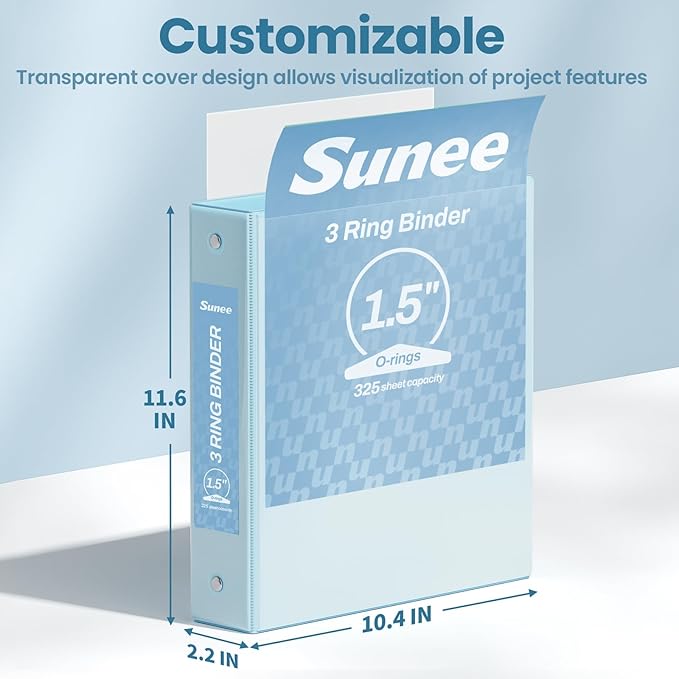 SUNEE 3 Ring Binder 1.5 Inch 1 Pack, Clear View Binder Three Ring PVC-Free (Fit 8.5x11 Inches) for School or Office Supplies, Pastel Blue