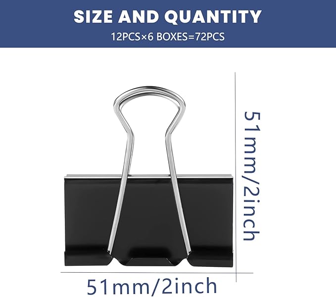 72 Pcs Extra Large Binder Clips 2 Inch Big Black Paper Clip | Large Binding Clip, Jumbo Paperclips Bulk, Heavy Duty Big Paperwork Clamp, Kitchen School Teachers