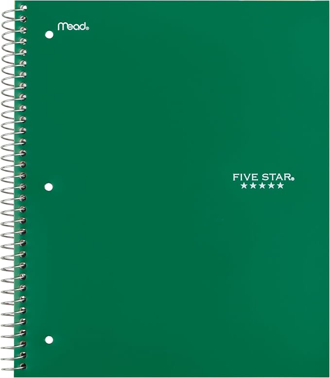 Five Star Spiral Notebook + Study App, 3 Subject, Wide Ruled Paper, 8" x 10-1/2", 150 Sheets, Fights Ink Bleed, Water Resistant Cover, Forest Green (73176)