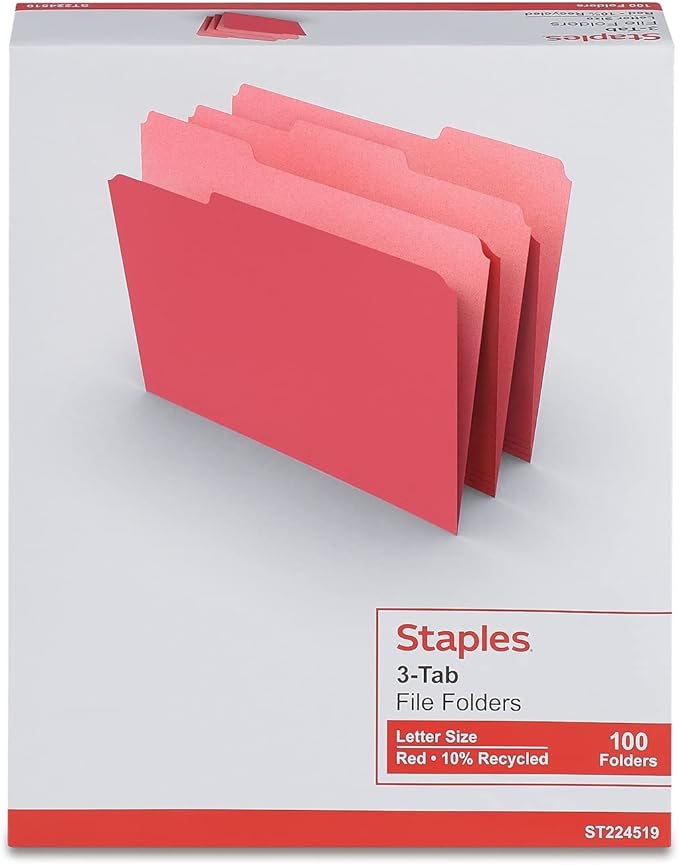 Staples File Folders, Letter Size, 1/3‑Cut Tabs, Red, Durable 10.5‑Point Paper Stock, 100/Pack