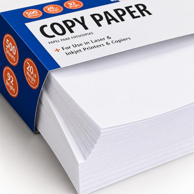 Copy Paper, 8.5" x 11", 20 lb., 92 Bright, White, 1 Ream, 500 Sheets | 1 Ream, Letter Size, 20 lb. Bond Weight, 92 Brightness, 500 Sheets per Ream