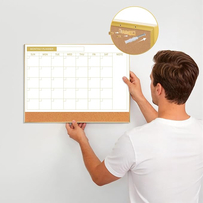 Dry Erase Calendar with Cork Board for Wall | 11.6"x 15.7" Magnetic Calendar Whiteboard with Gold Frame, Monthly Combination Board for School, Home, Office