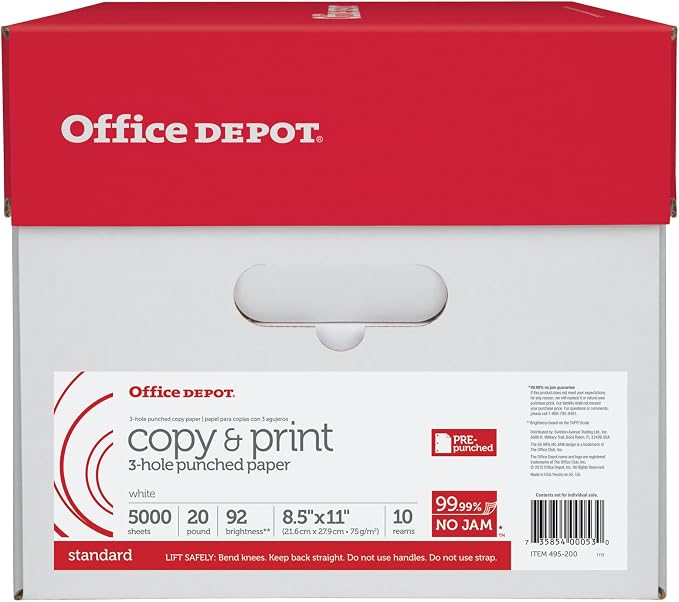 Office Depot® 3-Hole Punched Multi-Use Printer & Copy Paper, 10 Reams, White, Letter (8.5" x 11"), 5000 Sheets Per Case,