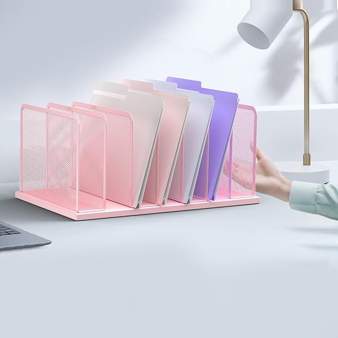 Kuntine.B 7-Section Upright Desk File Organizer Pink 2 Pack | Vertical, Mesh, Metal, Assembly, Stability, Sturdiness, Organization, Standing