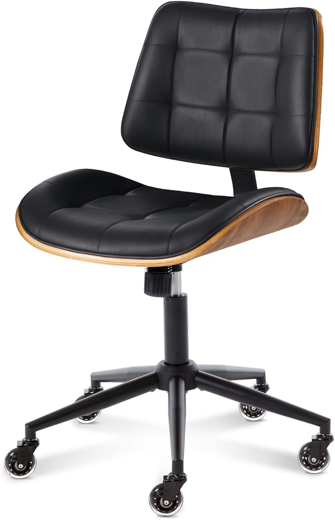 Home Office Desk Chair with Rubber Wheels, Armless Bentwood, Black | Adjustable Height Armless Office Chair, PU Leather Mid Back 360°Small Computer Chair, No Arms Walnut Seating, 300LBS Support
