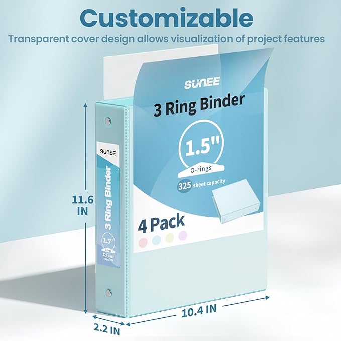 SUNEE 1.5 Inch Binders 3 Ring 4 Pack, Clear View 1 1/2 Inch Binders Three Ring PVC-Free (Fit 8.5x11 Inches) for School or Office Supplies, Blue