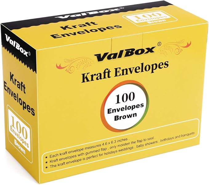 ValBox 4.6x6.3" Kraft Envelopes 100 PCS 120 GSM Brown Contour Flap Invitation Envelopes for Baby Shower, Graduation, Wedding, Invitations - Gummed Flap