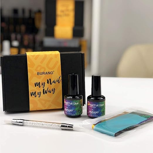 BURANO Nail Foil Glue Gel, 15ML 2 Bottles with 100PCS Foil Sticker Nails Foils Adhesive and Rubber Nail Push Pen for Designer Transfer Gel Polish