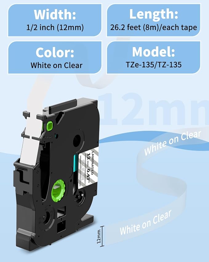 TZe-135 TZe135 White on Clear Replacement for Brother TZe TZ Label Tape | P Touch Label Maker Tape 12mm 0.47'' Laminated Compatible with PT-D210 PT-D220 PT-H110 PT-D400 PT-D600, 4-Pack