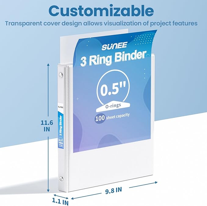SUNEE 1/2 Inch Binders 3 Ring 10 Pack Bulk, PVC-Free Clear View Half Inch Binders (Fits 8.5x11 Inches) for School, Office & Home Use, White