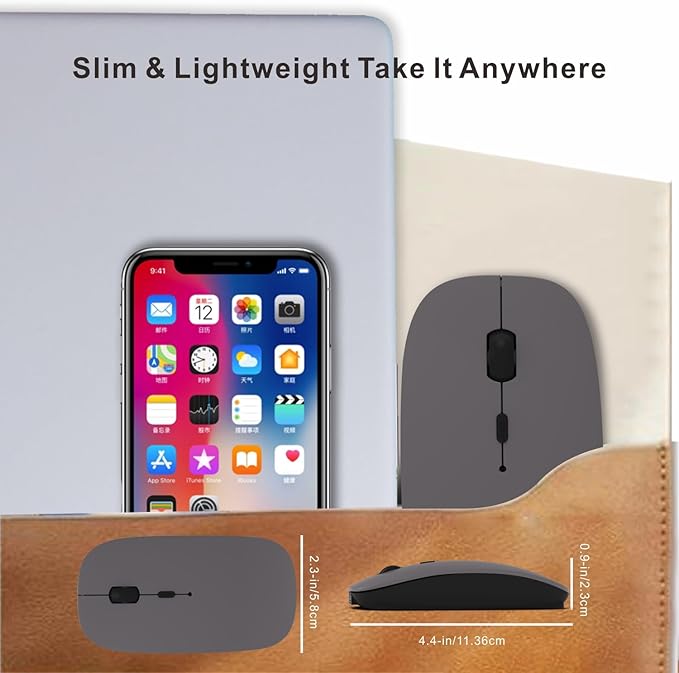 HOTDREAM Bluetooth Wireless Rechargeable Mouse for MacBook Pro/Air/iPad Air/iPad Pro/Laptop/Tablet/iPhone/PC, Bluetooth 5.2/3.0 and 2.4GHz Dual Mode Mouse (Gray)