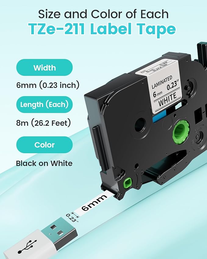 TZe-211 TZe TZ Tape 6mm 0.23 Laminated White | Replacement for Brother P Touch Label Maker Tape 6 mm for Brother PT-D220 PT-D210 PT-H110 PT-D400 PT-D600, 0.23 Inch, 4-Pack