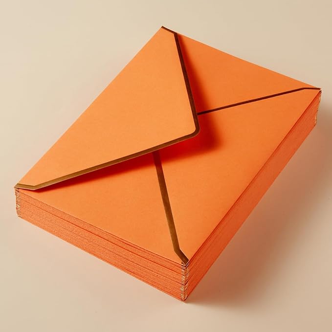 50 Pack A7 Envelopes Dark Orange 5 x 7 with Gold Border | Self-Adhesive, V Flap, For Wedding, Graduation, Baby Shower, Parties, Invitations