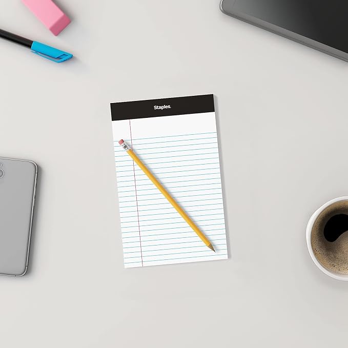 Staples Notepads, 5x8 Inch, Narrow Ruled, White, 12-Pack | 50 sheets per pad. Compact size for notes, lists, and everyday writing.