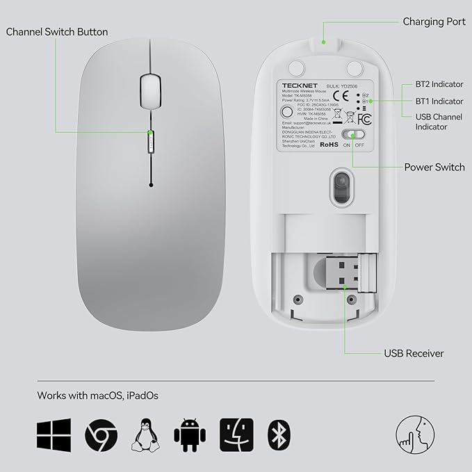 TECKNET Bluetooth Wireless Mouse, Rechargeable Silent Portable Computer Mouse, 6 Adjustable DPI, Dual Mode (Bluetooth 5.2/3.0 and 2.4G USB Receiver) for Laptop, iPad, MacBook, PC, Desktop, Android