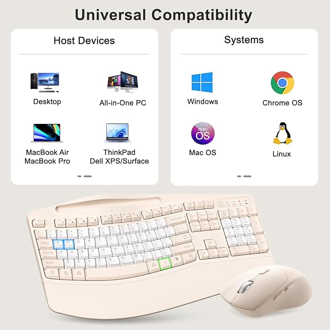 Wireless Keyboard and Mouse Combo, Ergonomic Wave Keys(Milk Tea-B) | 2.4G Full Size Keyboard with Wrist Rest, Phone Holder, 3-Level DPI Silent Mouse with 6-Buttons,for Windows/Mac OS/Laptop