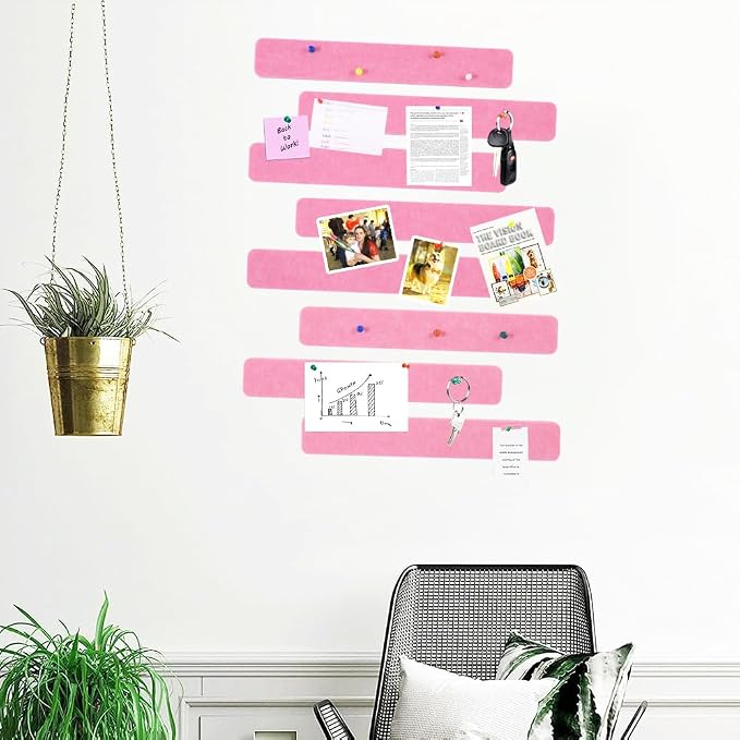 Vuzvuv 8Pcs Cork Bulletin Board Strips for Wall Office-Pink | Compact Soft Felt Pin Board, 12x2in Strips, Multi-Color, Home/Office Use, Full Kit with Pins, Strong Adhesive