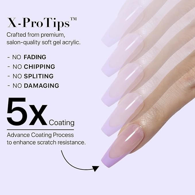 SXC Cosmetics French Tip Press On Nails 150 Pieces in 15 Sizes Ultra Fit with Pre-applied Tip Primer and Base Coat, No Need to File Fake Nails for Nail Art DIY X-Pro Tips (5PURPLE120-M Coffin)