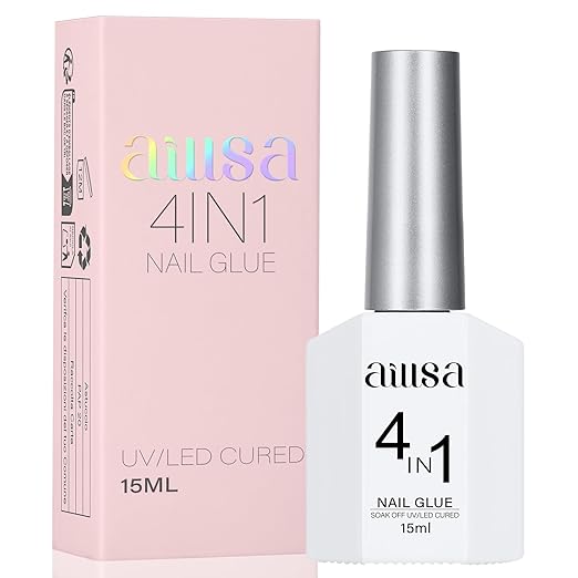 AILLSA 4 in 1 Nail Glue Gel for Acrylic Nail Tips, 15ML UV Nail Glue Long Lasting Brush On Nail Glues for Clear Fake Nail Tips and Rhinestone Pearl Foil, Lamp Curing Needed