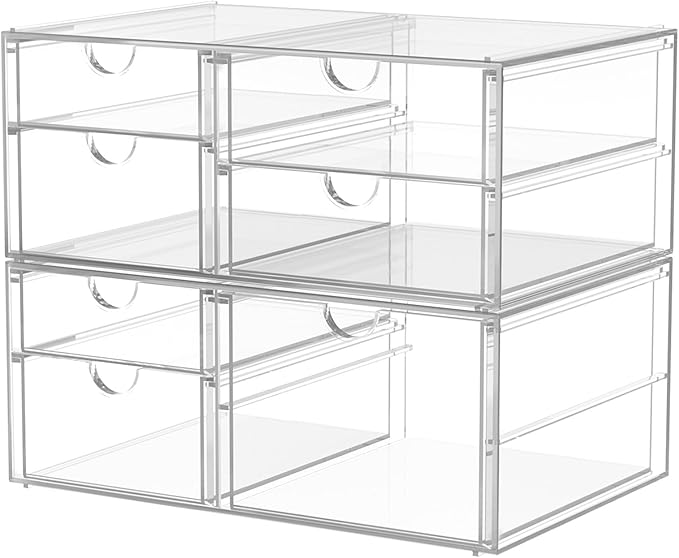 Acrylic 2-Pack 7-Drawer Makeup & Storage Organizer for Bath,Desk | Smooth-glide drawers, clear body, dustproof, wipe clean, for office supplies, pens, rings, earrings, tweezers, cotton swabs