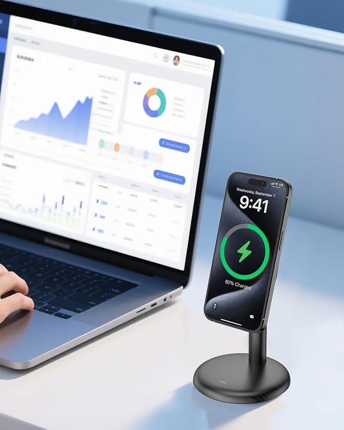 Mag Safe Charger Stand for iPhone 17/Air/16/15/14/13/12,15W Fast Charging | Magnetic Wireless Charger Compatible with MagSafe Suitable for Desk or Bedside (No Adapter/Angle Fixed)