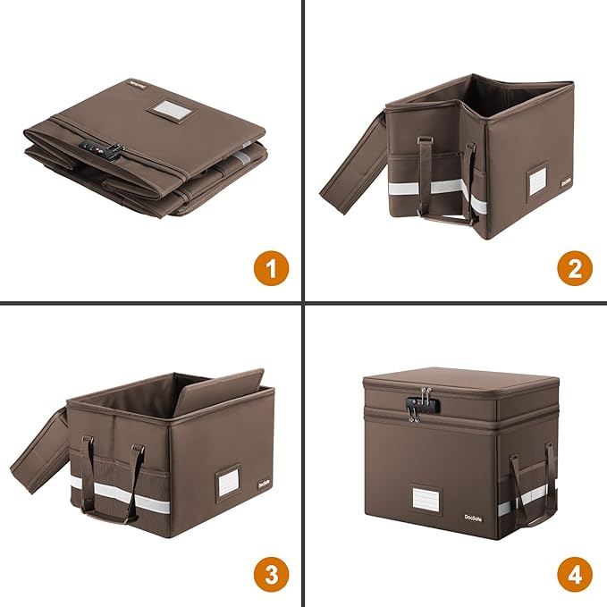 DocSafe File Box with Lock,Multi-Layer Fireproof Document Box Collapsible File Storage Organizer with Pockets/Handle,Large Portable Home Office Filing Box for Hanging Letter/Legal Size Folders,Brown