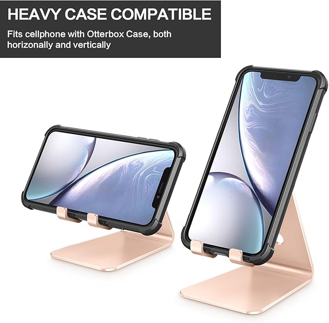 OMOTON Adjustable Cell Phone Stand, C2 Aluminum Desktop Phone Dock Holder Compatible with iPhone 15 14 13 Pro, SE, XR, 8 Plus 7 6, Samsung Galaxy, Google Pixel and More, Gold | Sturdy 3mm Aluminum, Charging Port, 270° Adjustable, Non-Slip Silicone Pads...