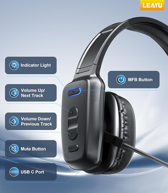 Trucker Bluetooth Headset, 60-Hour AI Noise-Canceling Mic for Driving | Mute Button, Multipoint Pairing, Single-Ear Design, Over-Ear Comfort, Bluetooth 5.2 Wireless Headphone, Phone/PC, Office/Work