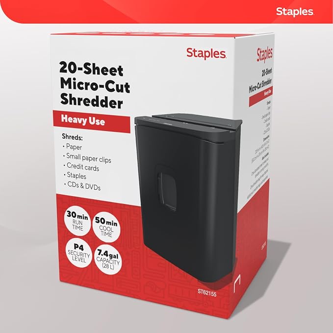 Staples 20-Sheet Micro-Cut Paper Shredder, High-Security, Black | Shreds documents and credit cards for secure office use.