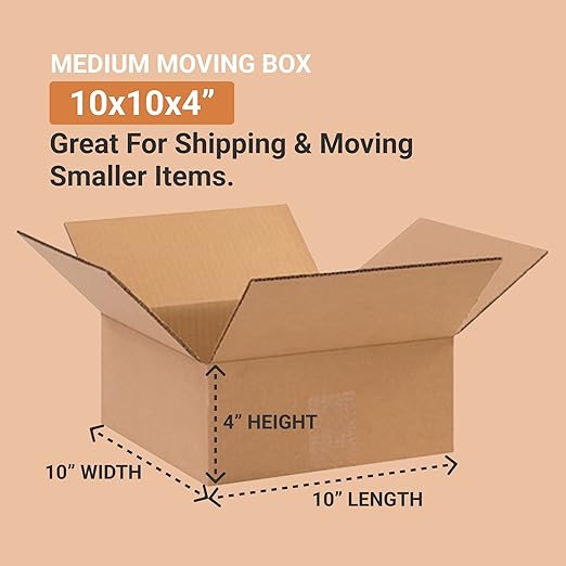 Aviditi 10104 Flat Corrugated Cardboard Box 10" L x 10" W x 4" H, Kraft, For Shipping, Packing and Moving (Pack of 25)