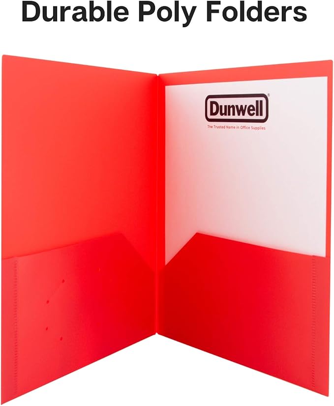 Dunwell Plastic 2-Pocket Folders, Red, 3 Pack, Heavy-Duty Poly | Sturdy 1/3 Tab Filing Sleeves, Acid-Free Poly for Letter-Size Documents, Includes Labels, School & Office