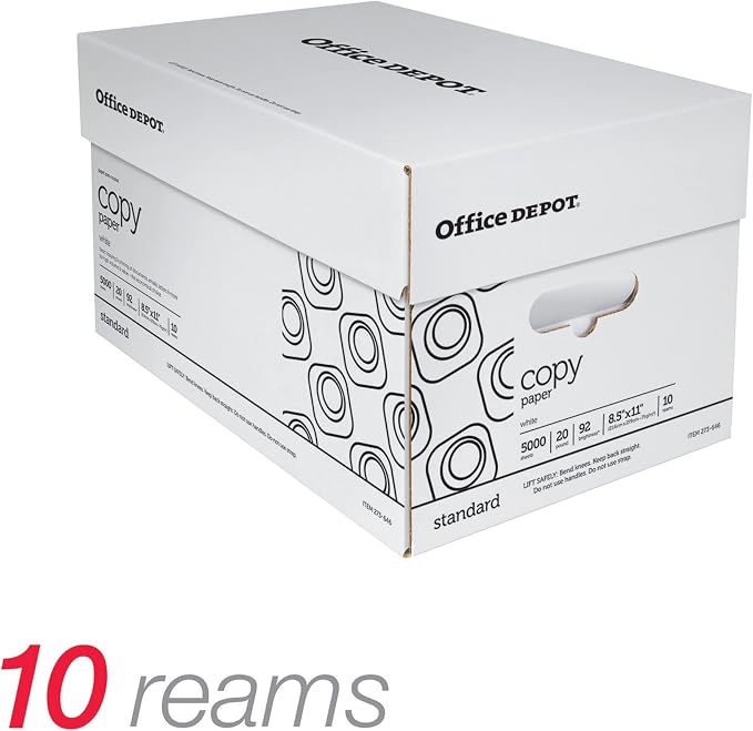 Office Depot White Copy Paper, 8 1/2in. x 11in., 20 Lb, 500 Sheets Per Ream, Case Of 10 Reams, 40402786