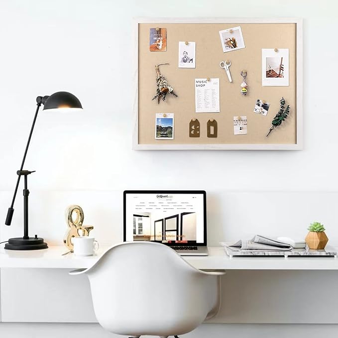 Miratino Large Bulletin Board 23x18 inch with Linen Cork Boards Wall Decor Hanging Pin Wood Framed Display Bulletin Cork Photo Picture Board Light for Room School Office 20-Pushpin Vintage White