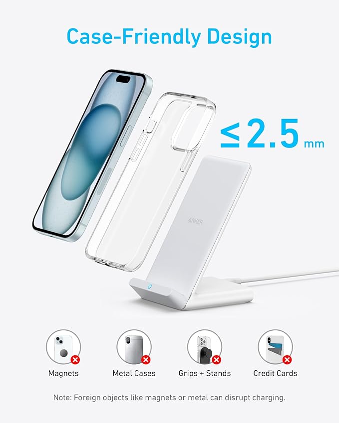 Anker 313 Wireless Charger (Stand), Qi-Certified for iPhone 17/17 Pro/17 Pro Max/16/15/14/13, 10W Fast-Charging Galaxy S23 S22 S21(No AC Adapter)