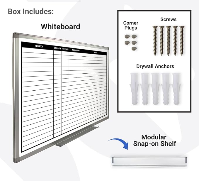 Project Planning Whiteboard (60in x 40in) | Wall Mountable Aluminum Frame & Marker Tray - Easy Dry Erase and Magnetic - Stay Ahead of Schedule & Keep Your Team Informed