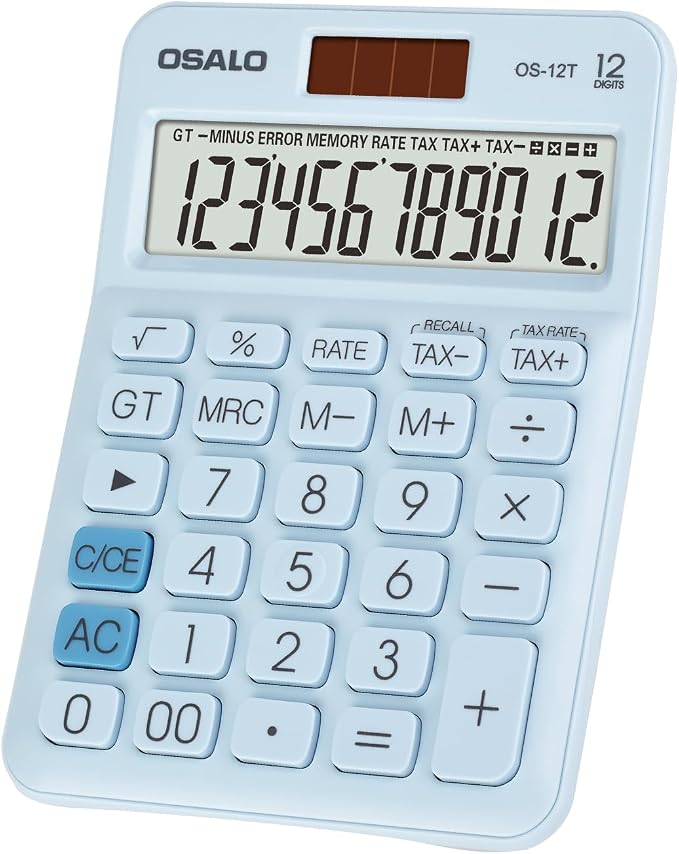 Pendancy Blue Small Calculator, 12-Digit LCD, Big Buttons, Dual Power | Pocket Desk Calculator for School and Office, Large Display, Solar & Battery, 30° Tilt, Tax, GT/MU, Symbols, 8-Min Auto-Off