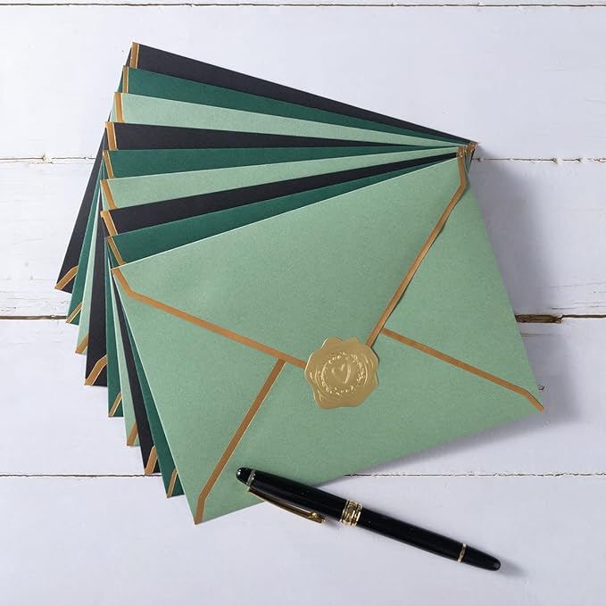 50 Pieces Black A4 Envelopes with Gold Border, 4.25x6.25 Inches Envelopes with Gold Stickers for Greeting Cards and Invitation (Black, A4-4x6)