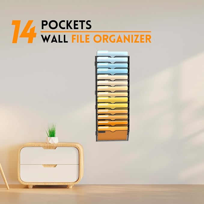 14 Tier Wall File Organizer, Hanging Wall Mounted Mail Organizer with Label Slots, Metal Mesh File Holder Magazine Rack for Office, Home, School or Classroom, Black