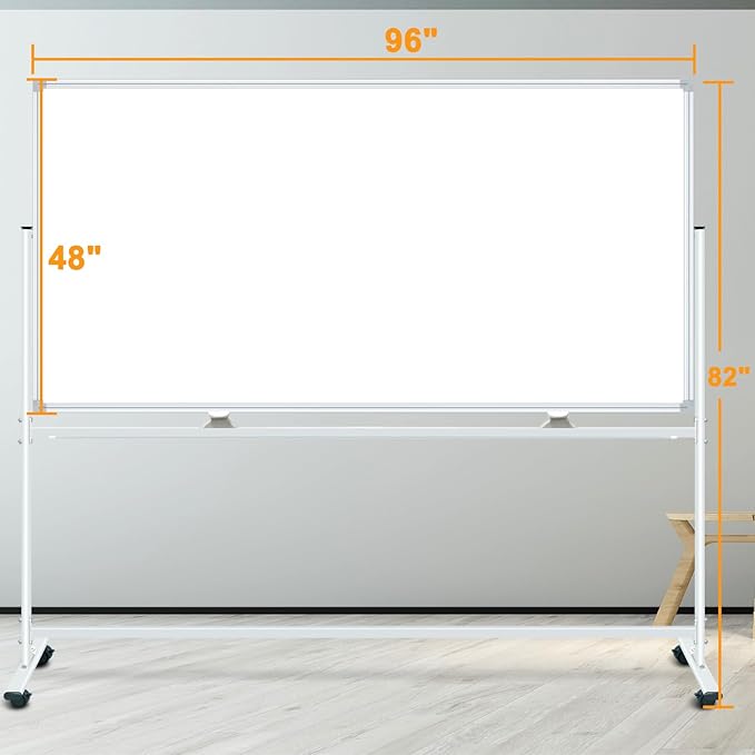 Large Double-Sided Magnetic Mobile Whiteboard 96" x 48", Rolling Whiteboard on Wheels, 8' x 4' Dry Erase Board with Stand for Office, Classroom & Home, 3 Eraser, 6 Markers, 24 Magnets