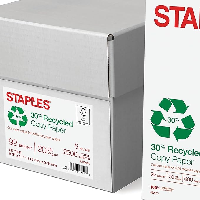 Staples 30% 8.5 x 11-Inch Copy Paper, 20 lbs., 92 Brightness, 500 Sheets/Ream, 5-Ream/Carton